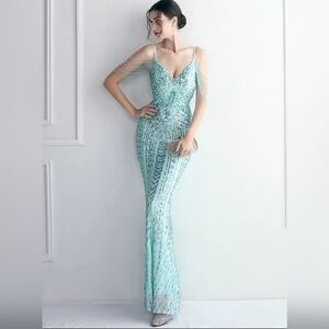 Embellished Aqua Off-Shoulder Maxi Dress